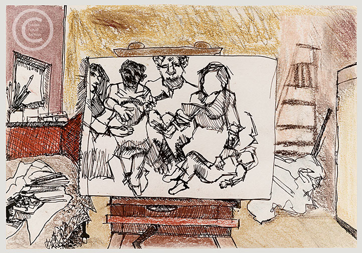 Lucian Freud 'After Watteau' 1983 Pen,Crayon and Wash on Paper 17.8cmx25.4cm