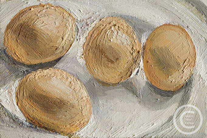 "Four Eggs on a Plate" 2002 Oil on Canvas 10.3cmx15.2cm