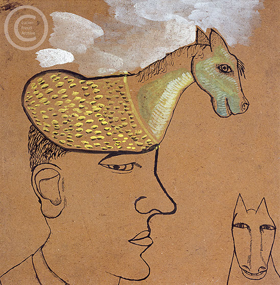 Lucian Freud 'Man with a Horse on his Head.' 1939 Pencil and Gouache on paper Size Unknown