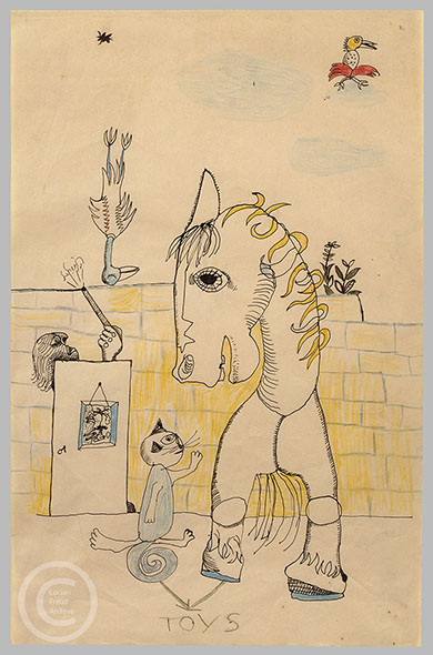 Lucian Freud 'Unicorn (Toys)' c1942-1943 Ink and Crayon on paper 39.7cmx25.5cm